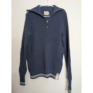 Devold Mens Small Navy Blue Knit Sweater Elbow Patches Norway 1/4 Zip Thumbholes